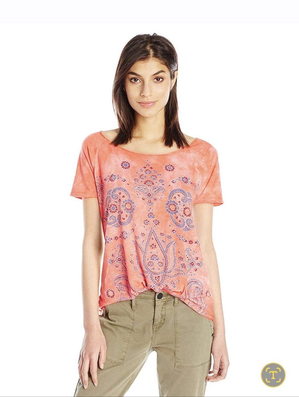 Lucky Brand Orange Paisley Scoop-Neck Short Sleeve Tee